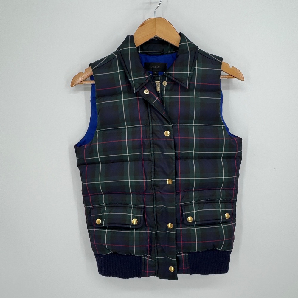 J.Crew Plaid Puffer Vest Women XS Black Watch Tartan Quilted Gold Snap Layering